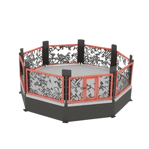 3D модель восьмиугольной арены для боев с темно-серой конструкцией, красной окантовкой и стенами с абстрактным узором.