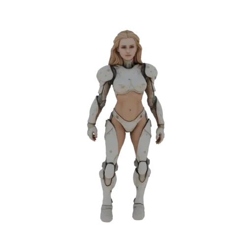 3D модель женской sci-fi воительницы со светлыми волосами, в белой футуристической броне, в нейтральной позе.
