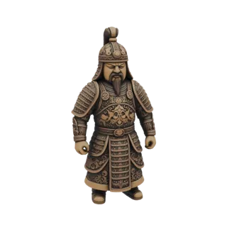 3D model of an ancient Chinese general statue, depicted in bronze with detailed armor and a stern expression, standing agains