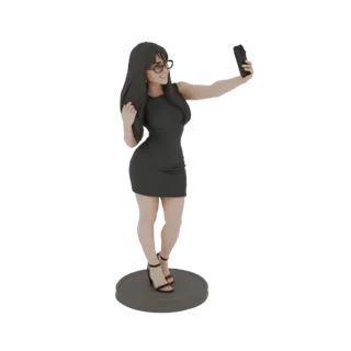 3D модель женщины в черном платье с телефоном, делающей селфи, стоящей на круглом основании.