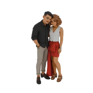 3D-модель пары в стиле Casual Chic, мужчина в темной рубашке и серых брюках, женщина в белом жилете и красной юбке.