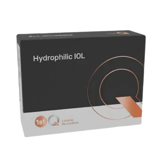 3D модель коробки бренда 'Hydrophilic IOL' в темно-сером и белом дизайне с медным логотипом 'Q'.