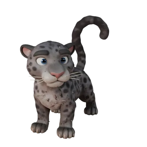 3D-модель мультяшной пантеры, рендер дикой природы сбоку, стилизованный ассет животного с подушечками усов, скольжением плеча