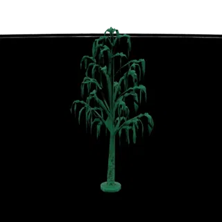 Стилизованная 3D модель темно-зеленого плакучего дерева с ниспадающими ветвями и текстурным стволом на черном фоне.