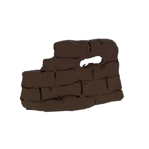 3D модель выветренного древнего кирпичного фрагмента стены с грубой текстурой и небольшим неправильным проемом.