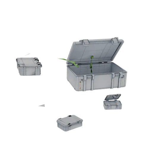 3D модель открытого серого промышленного контейнера с двумя маленькими зелеными растениями, растущими внутри.