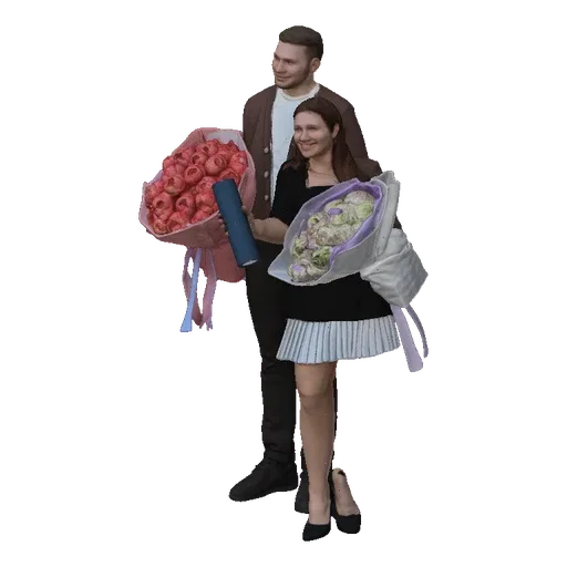 3D модель улыбающейся пары, мужчины и женщины, с букетами цветов и дипломом, празднующей достижение.
