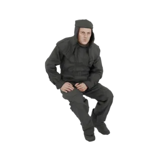3D модель сидящего танкиста в темной униформе и кепке, реалистично позирующая для военных диорам и игр.