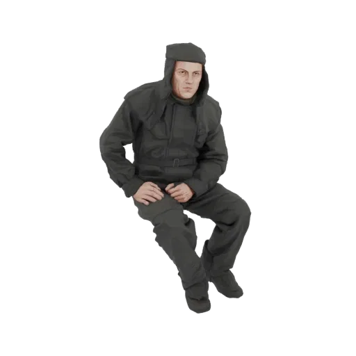 3D модель сидящего танкиста в темной униформе и кепке, реалистично позирующая для военных диорам и игр.