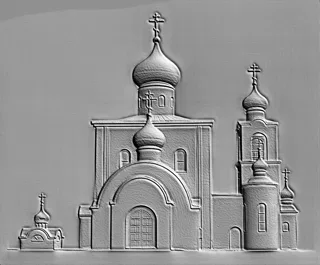 3D модель барельефа православной церкви с множеством куполов и крестов, выполненная в сером цвете.