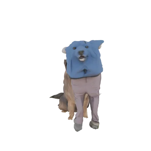 3D модель антропоморфной собаки в синем худи и светлых штанах, стоящей на белом фоне.
