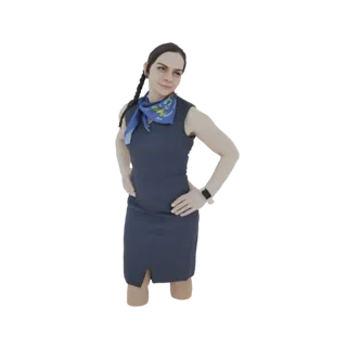 3D model of a woman wearing a dark blue dress, a blue patterned scarf, and a wristwatch, standing with hands on hips.