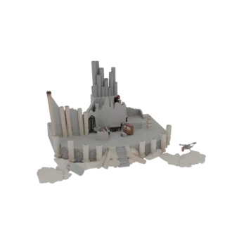 3D модель древнего разрушенного храма со сломанными колоннами, центральной структурой и небольшим парящим рядом дроном на бел