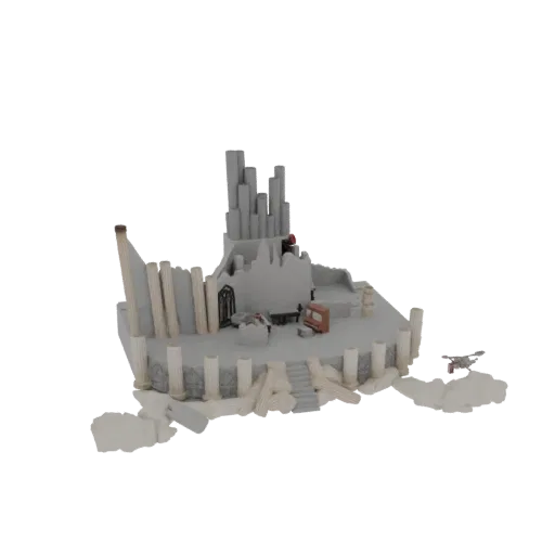 3D модель древнего разрушенного храма со сломанными колоннами, центральной структурой и небольшим парящим рядом дроном на бел
