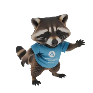 3D model of a cute raccoon standing and wearing a blue t-shirt with a circular logo, with one arm extended.