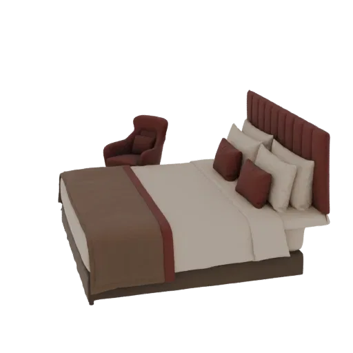 3D модель современного комплекта для спальни с плюшевой кроватью, декоративными подушками и соответствующим креслом, на черно