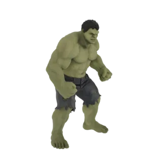 3D модель Халка в мощной, разъяренной позе, в рваных шортах, с зеленой кожей и яростным выражением лица.