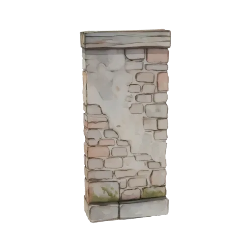 3D модель разрушенной каменной колонны с грубыми каменными блоками, обвалившейся штукатуркой и деревянной балкой сверху.
