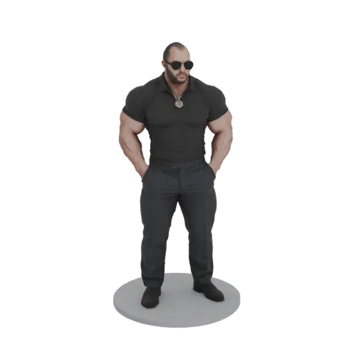 3D модель мускулистого мужчины в черном поло и темных брюках, стоящего с руками в карманах на круглой подставке.