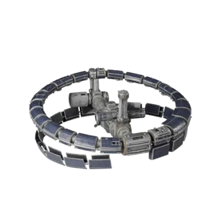 3D-модель орбитальной космической станции GLB, рендер AR-просмотрщика в три четверти, показывающий металлические модули.