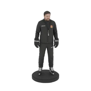 3D модель хоккейного тренера в черном спортивном костюме и на коньках, со свистком на шее.