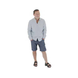3D модель мужчины в голубой рубашке с коротким рукавом и синих шортах, стоящего с руками в карманах.