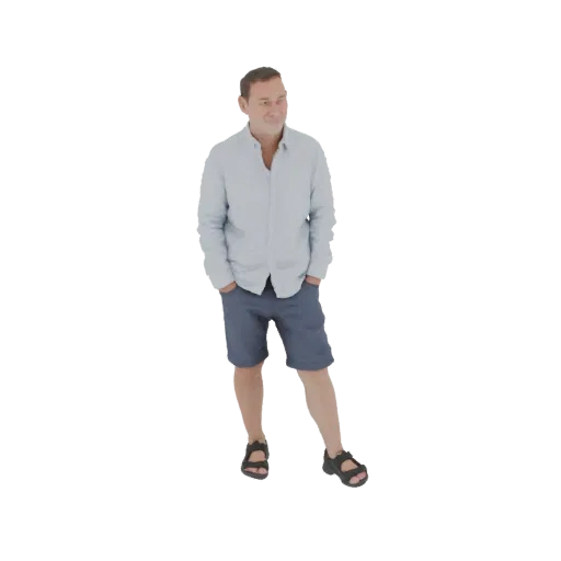 3D модель мужчины в голубой рубашке с коротким рукавом и синих шортах, стоящего с руками в карманах.