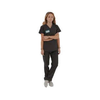 3D модель молодой женщины в темно-серых медицинских костюмах, стоящей со скрещенными руками и синим бейджем.