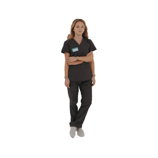 3D модель молодой женщины в темно-серых медицинских костюмах, стоящей со скрещенными руками и синим бейджем.