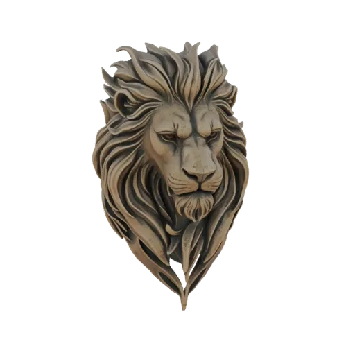 3D модель величественной головы льва с детализированной гривой и суровым выражением, на черном фоне.