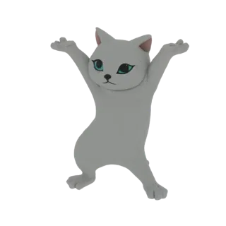 3D модель белого кота с голубыми глазами, стоящего на задних лапах с поднятыми передними лапами в игривой позе.