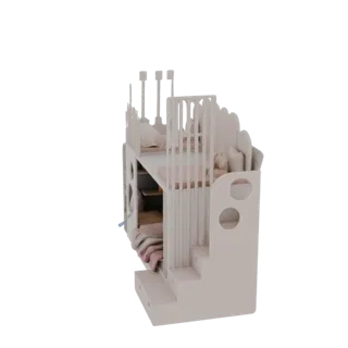 3D модель современной светлой двухъярусной кровати со встроенной лестницей, бортиками и круглыми вырезами для детской комнаты