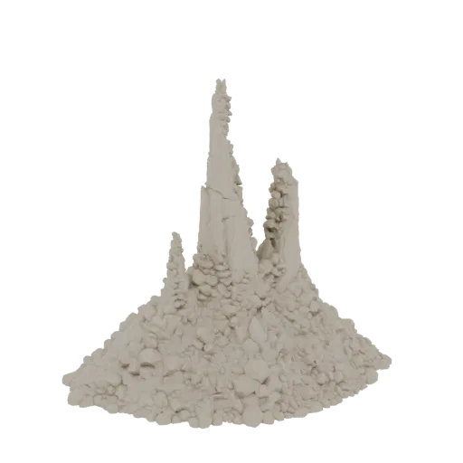 3D модель группы острых, выветренных скал, поднимающихся из основания из щебня и камней.