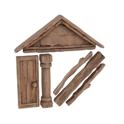 3D-модель деревенских деревянных архитектурных элементов: дверь, колонна, крыша, доски на белом фоне.
