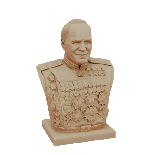 3D модель бюста Маршала в форме, покрытой многочисленными медалями и наградами, на квадратном основании.