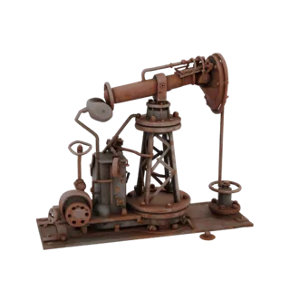 3D модель ржавой винтажной нефтевышки с текстурой выветренного металла на белом фоне.