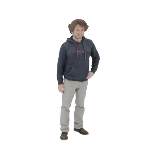 Рендер 3D модели мужчины в темно-синем худи с красными акцентами и светло-бежевых джинсах, стоящего с рукой на бедре.