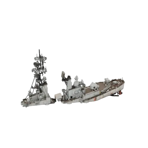 3D модель эсминца с эффектом износа и детализированной мачтой, с признаками износа и ржавчины, на черном фоне.