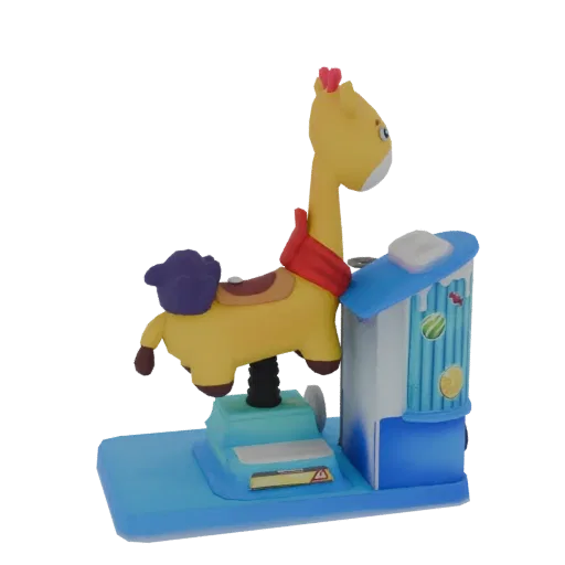 3D модель желтого детского аттракциона жираф с красным шарфом и синей панелью управления на черном фоне.