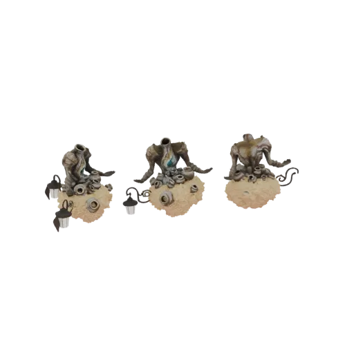 3D модель готического торса с цветочными акцентами и старинными фонарями на текстурированном основании, в стиле темного фэнте