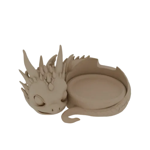 3D модель спящего детеныша дракона, свернувшегося вокруг блюдца, с детализированной чешуей и рожками.