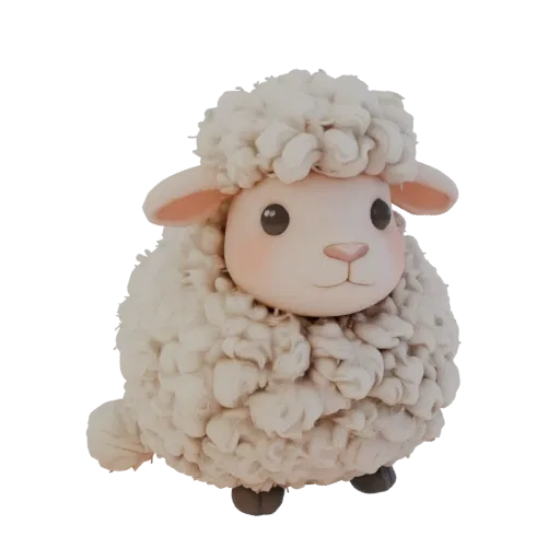 3D модель милого круглого барашка с мягкой полукруглой шерсткой, сидящего с прижатым хвостиком