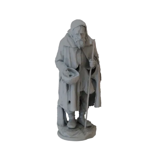 3D модель древнего нищего с длинной бородой, в рваных одеждах, с чашей и посохом, стоящего на скалистом основании.