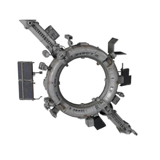 Модульная 3D-модель коридора космической станции, изометрический вид модульного набора, показывающий металлические модули, мо