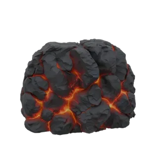 3D model of a cluster of dark, rugged rocks with glowing orange cracks, resembling molten lava.