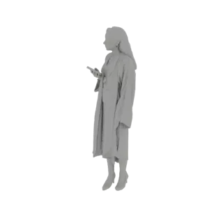 3D модель женщины в длинном пальто, стоящей и смотрящей в смартфон.