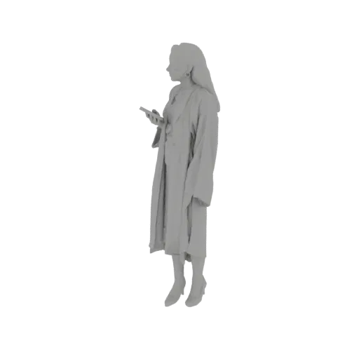3D модель женщины в длинном пальто, стоящей и смотрящей в смартфон.