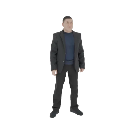 3D модель мужчины в темном костюме и синей рубашке, стоящего с руками по бокам, на белом фоне.