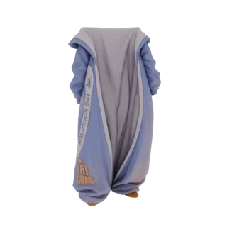 3D model of a blue puffer suit with a hood and 'Fire Squad' graphic, shown from the front with the suit open.