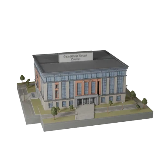 Стилизованная 3D модель общественного центра, изометрический вид стилизованного игрового окружения, показывающий материалы об